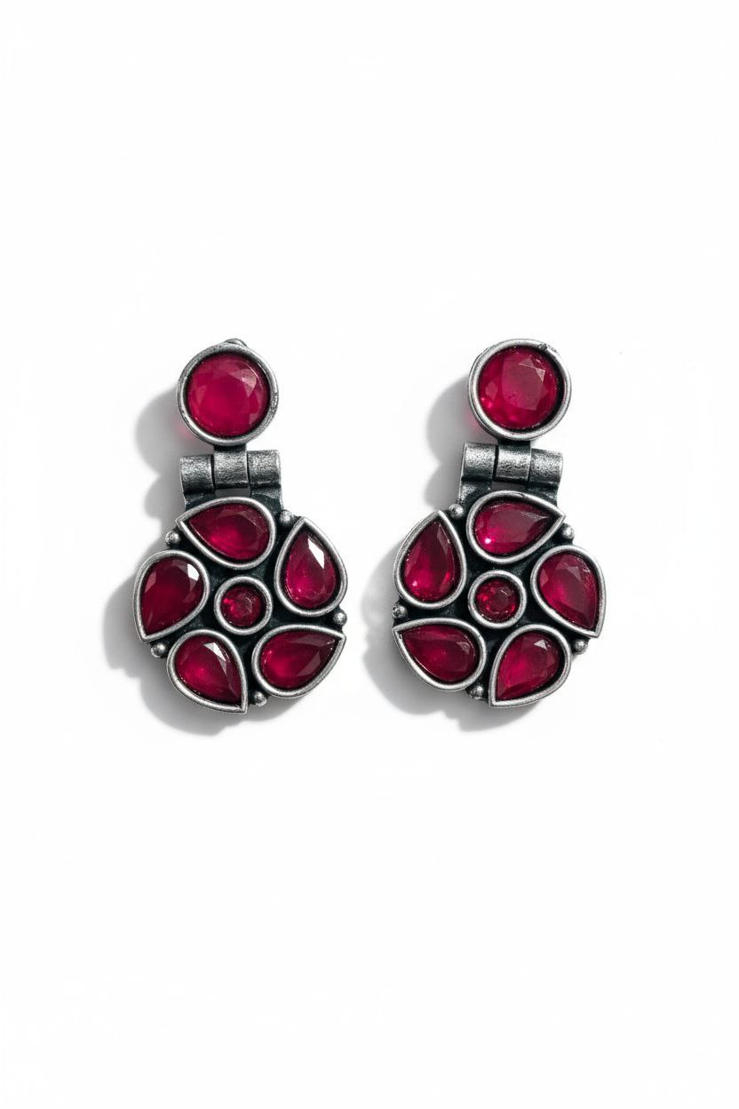 Oxidized Red Stone Studded Drop Earrings